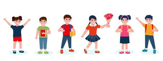 Children go to school boys and girls. Cute characters cartoon style. EPS 10 vector