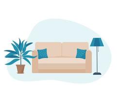 vector illustration sofa, lamp and flowers flat style