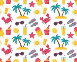 Seamless summer beach pattern in umbrella, glasses, sun, lemonade, crab, palm vector