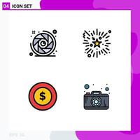 Editable Vector Line Pack of 4 Simple Filledline Flat Colors of camera logistic lens aperture fireworks photo Editable Vector Design Elements