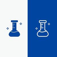 matraz químico línea de laboratorio y glifo icono sólido bandera azul línea y glifo icono sólido bandera azul vector