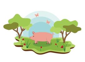 Cute farm animals pig with spring landscape. vector cartoon illustration