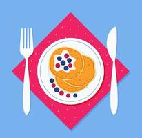 Breakfast pancakes on a plate, with a fork and a knife on a napkin. Vector illustration in flat style