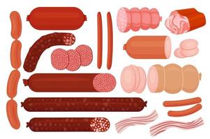 Meat and sausages Set of fresh and prepared meat. Beef, pork, pieces of bacon. Cartoon style realistic vector illustration icons isolated on white background