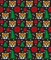 Knitted Christmas and New Year pattern in Tiger. Wool Knitting Sweater Design. Wallpaper wrapping paper textile print. vector