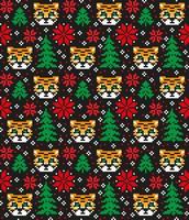 Knitted Christmas and New Year pattern in Tiger. Wool Knitting Sweater Design. Wallpaper wrapping paper textile print. vector