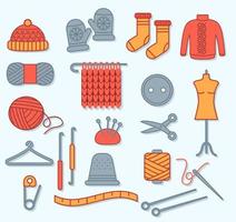 conjunto de ropa de punto de lana y herramientas de tejer aislado sobre fondo blanco. botones de hilo, gancho y tijeras, puente, calcetín y manoplas vector