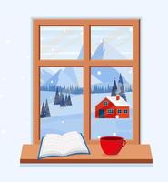 Window with a winter landscape. Christmas beautiful postcard. Eps 10 vector