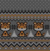 Knitted Christmas and New Year pattern in Tiger. Wool Knitting Sweater Design. Wallpaper wrapping paper textile print. vector