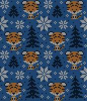 Knitted Christmas and New Year pattern in Tiger. Wool Knitting Sweater Design. Wallpaper wrapping paper textile print. vector