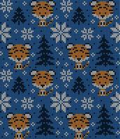 Knitted Christmas and New Year pattern in Tiger. Wool Knitting Sweater Design. Wallpaper wrapping paper textile print. vector