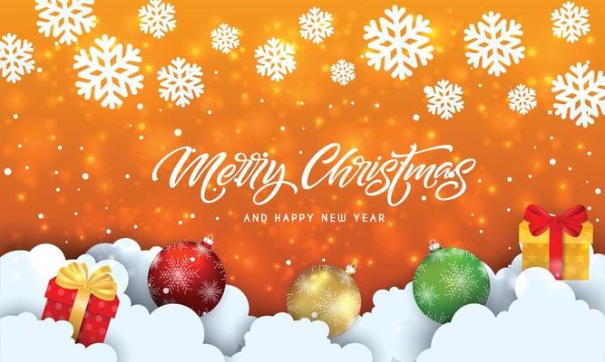 merry christmas and happy new year with bokeh and lens flare pattern on summer orange color background.