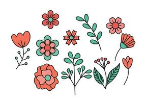 conjunto de flores dibujadas a mano y hojas de nuevo diseño. ilustración vectorial vector