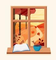 Autumn window with landscape with a book and a coffee cup on the sill. Vector illustration in flat style