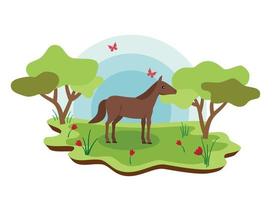 lindo caballo de animales de granja con paisaje primaveral. ilustración de dibujos animados de vectores