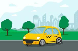 Yellow taxi. Hands with smartphone and taxi app in the city. Taxi service concept. Vector illustration in flat style