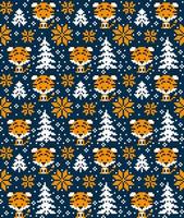 Knitted Christmas and New Year pattern in Tiger. Wool Knitting Sweater Design. Wallpaper wrapping paper textile print. Eps 10 vector