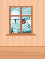 Into winter landscape window. Flat cartoon style vector illustration.