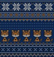 Knitted Christmas and New Year pattern in Tiger. Wool Knitting Sweater Design. Wallpaper wrapping paper textile print. vector