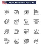 Set of 16 Vector Lines on 4th July USA Independence Day such as bird american money usa flag Editable USA Day Vector Design Elements
