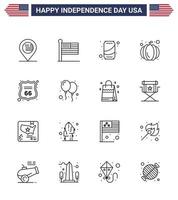 Pack of 16 USA Independence Day Celebration Lines Signs and 4th July Symbols such as sign security beer usa festival american Editable USA Day Vector Design Elements