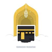 Ramadan Kareem islamic design crescent moon and mosque dome silhouette with arabic pattern and calligraphy vector