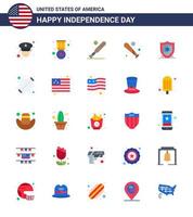 paquete de 25 letreros planos de celebración del día de la independencia de EE. UU. Y símbolos del 4 de julio, como escudo de béisbol de comida barbacoa, elementos de diseño de vector de día de EE. UU. editables estadounidenses