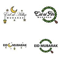 feliz de eid paquete de 4 tarjetas de felicitación de eid mubarak con estrellas brillantes en el festival de la comunidad musulmana de caligrafía árabe vector