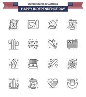 USA Independence Day Line Set of 16 USA Pictograms of plent cactus burger soda beverage Editable USA Day Vector Design Elements