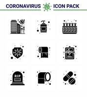 Coronavirus awareness icons 9 Solid Glyph Black icon Corona Virus Flu Related such as paper shield sanitizer safety lab viral coronavirus 2019nov disease Vector Design Elements