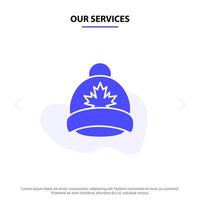 nuestros servicios sombrero gorra hoja canadá icono de glifo sólido plantilla de tarjeta web vector