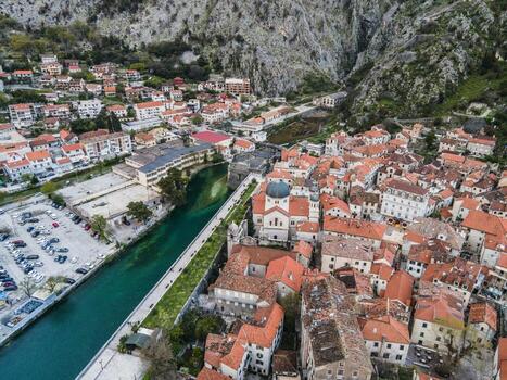 Drone views of Kotor's Old Town in Montenegro photo