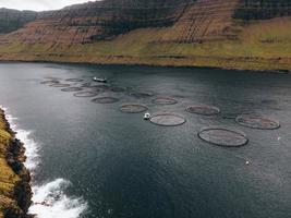 jaulas de salmón en alta mar en las islas feroe foto