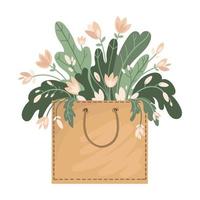 Craft Paper bag filled with flowers,leaves and branches drawing in flat style.Flowers in paper eco bag,craft packaging,romantic design element for holiday decoration.Vector zero waste,ecology concept vector