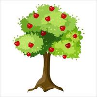 Simple green tree with red apples, flat vector illustration. Beautiful red apples and green leaves. Summer flowering time. Isolated on a white background. Garden, fruit tre