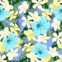 A bright, seamless pattern of blue hibiscus flowers, plumeria and leaves of the tropical palm monstera. Ideal for wallpaper, textiles, wrapping paper vector