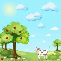 A cheerful, white, young cow stands on a sunny day in a green summer meadow with trees with red apples. Summer season, warm sunny weather vector