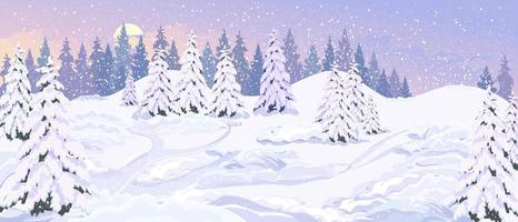 Wonderful winter landscape with snowy hills, falling snow. Snow-covered fir trees, snow drifts, paths. Panoramic background of a snowy landscape. Winter vacation day. The concept of Christmas vector