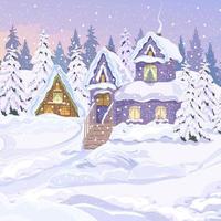 Wonderful winter landscape. Cute rustic houses with a veranda and stairs on a snow-covered hill. Fir trees covered with snow, snowdrifts. Winter village landscape. Winter vacation day vector