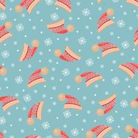 Seamless pattern New Year's red hats with a bubo, a pattern on the hats. Snowflakes on a colored background vector