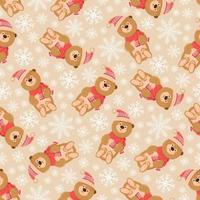 New Year's seamless pattern of teddy bears in a hat with a bubon, a scarf. On a beige background with snowflakes. It is well suited for gift wrapping, fabric design vector