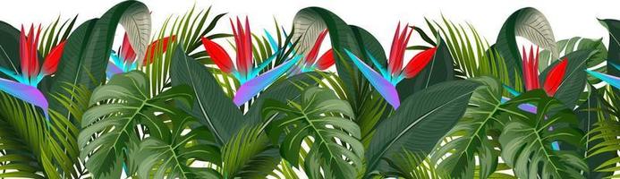 Botanical seamless border of tropical leaves and flowers. Vector illustration. Fashionable compositions with tropical leaves and flowers. Suitable for brochures, wallpapers, prints, postcards