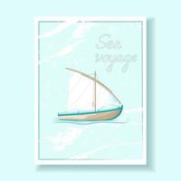 Pale blue background with elements of scuffs or dry brush. A marine motif with a sailboat in the center and the inscription sea voyage. Suitable for notebook, magazine, poster, leaflet, banner, websit vector