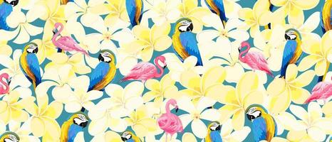 Bright, dynamic, seamless pattern of tropical birds, pink flamingos, macaws and flowers. It is well suited for wallpaper, fabrics, art design vector