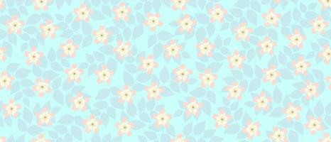 Horizontal seamless pattern in delicate pastel colors with the image of wildflowers on a background of leaf shadows on a pale blue background. It is well suited for wallpaper, textiles, paper vector