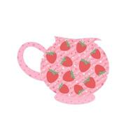 Flat illustration, vector. A teapot decorated with colorful stripes, beads and strawberries. Decorated in soft colors. Beautiful design on the packaging and more vector