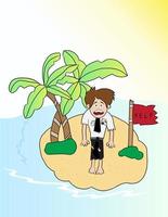 cartoon businessman looking for help in small island vector