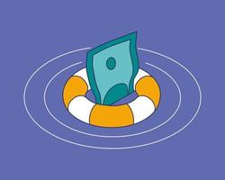 Banknote in a lifebuoy in isometric view. vector