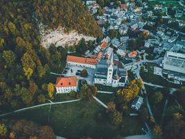 Drone views of the Church of St. Martin in Bled, Slovenia photo