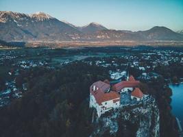 Drone views of Bled Castle in Slovenia photo